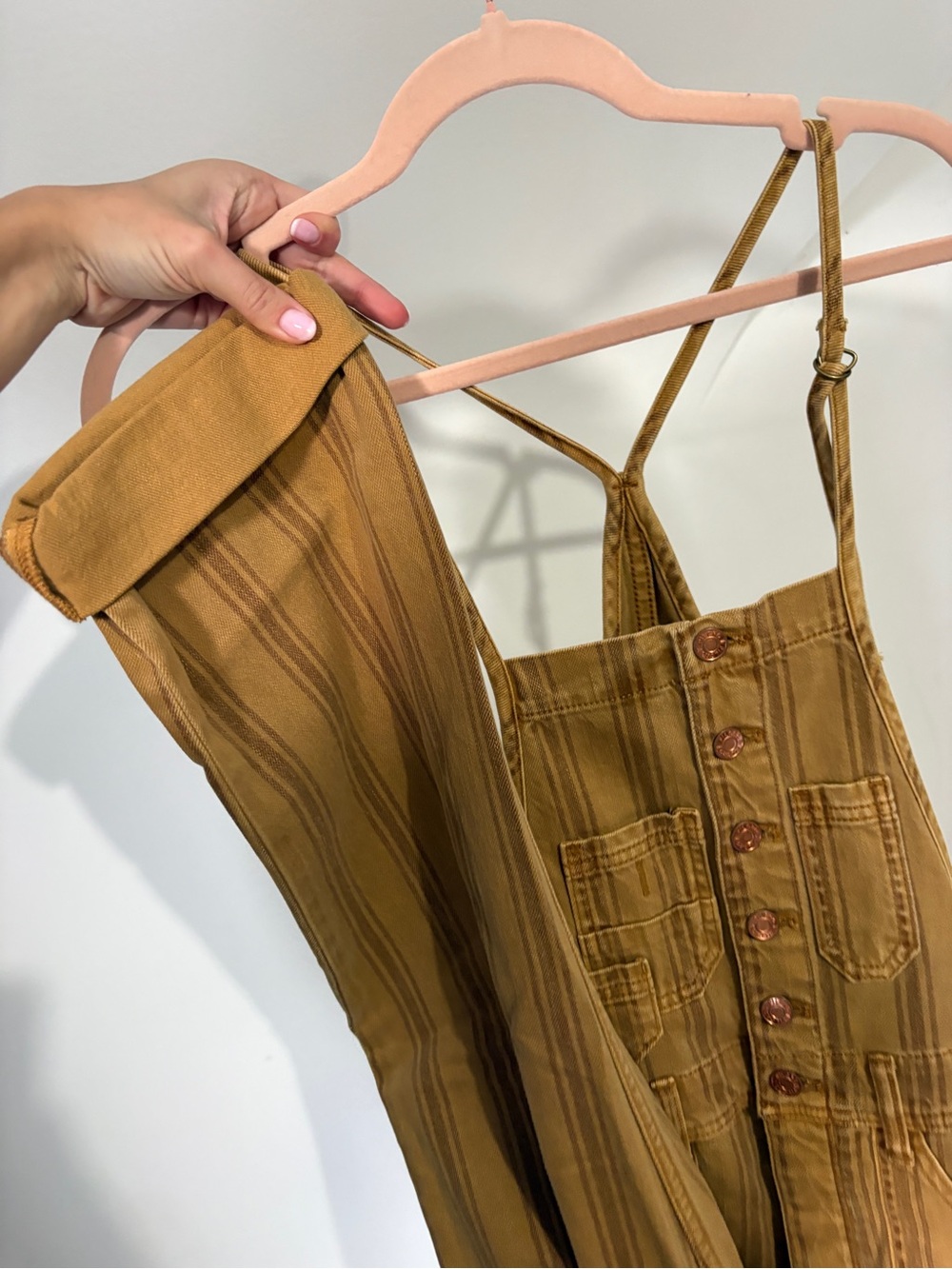 Anthropologie Pilcro Striped Camel Brown Button-Front Overalls - Picture 9 of 14